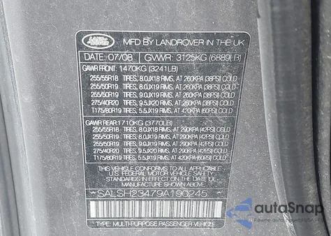 2009 Land Rover Range Rover Sport Supercharged из США, поврежденный, VIN SALSH23479A190245